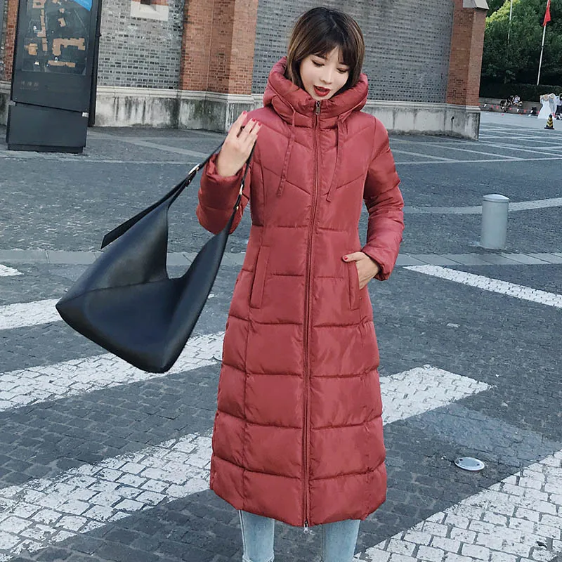 Brick red 30 градусов Женская куртка X-long Parkas, плюс размер, M-6XL, повседневная плотная теплая куртка X-long с капюшоном, верхняя одежда - Цвет: Brick red