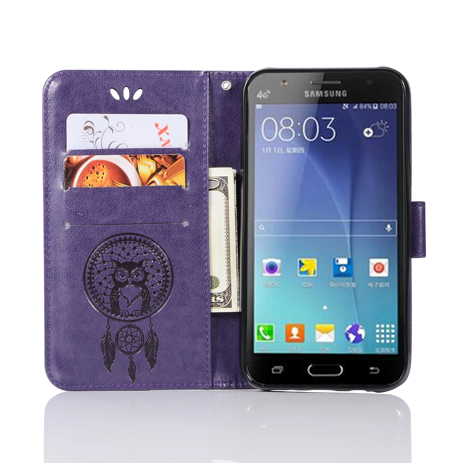 Кожаный чехол-книжка с рисунком Ловца снов и совы для Samsung Galaxy J7/ J7 Prime/ ON7 2016 |