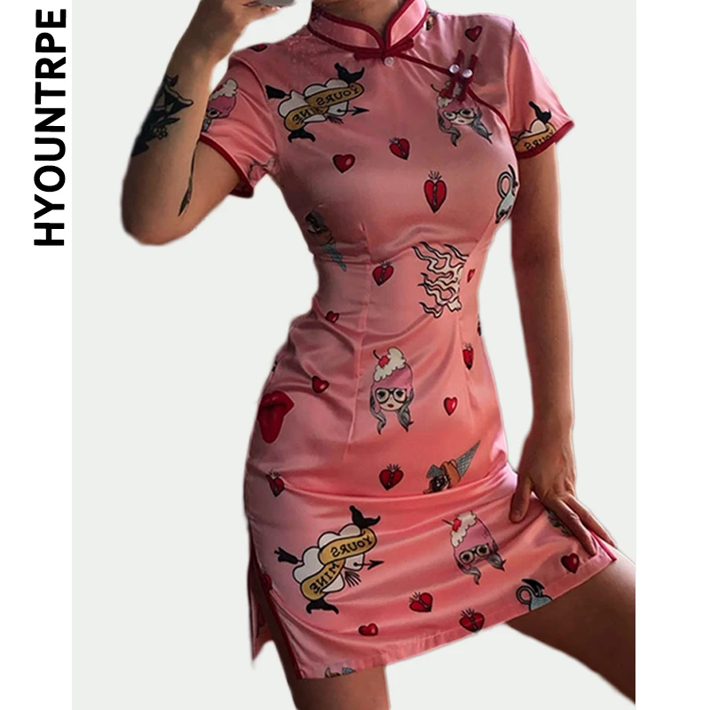 Модные платья Cheongsam с милым принтом в китайском стиле женские атласные Qipao
