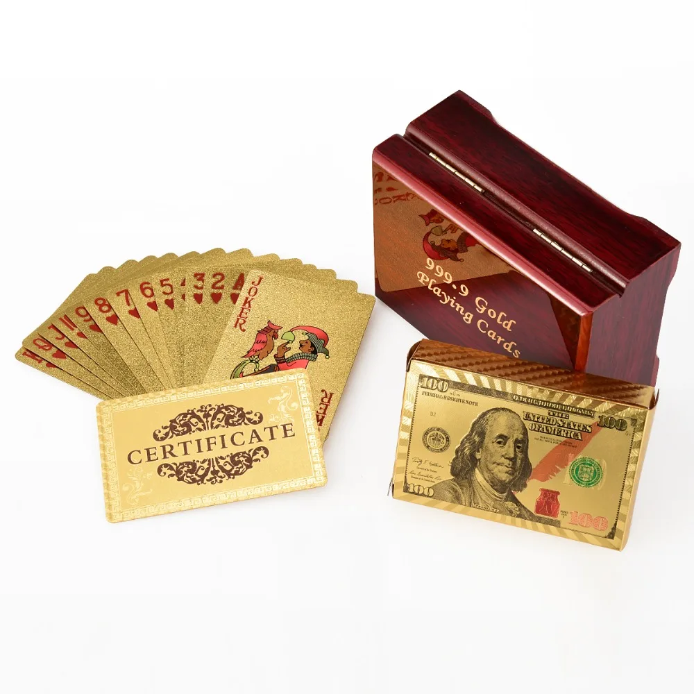 Фото Новые золотые Серебристые игральные карты с деревянной коробкой сертификат евро