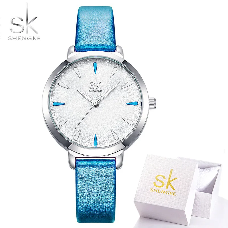 skyblue with box Shengke, новинка, синий кожаный ремешок, женские разноцветные часы, кварцевые, женские часы, Простой повседневный циферблат, дешевая цена, светильник, Relogio Feminino - Color: skyblue with box