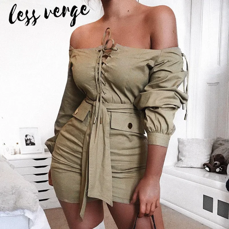 Lessverge сексуальное платье с вырезом лодочкой со шнуровкой цвета хаки длинным