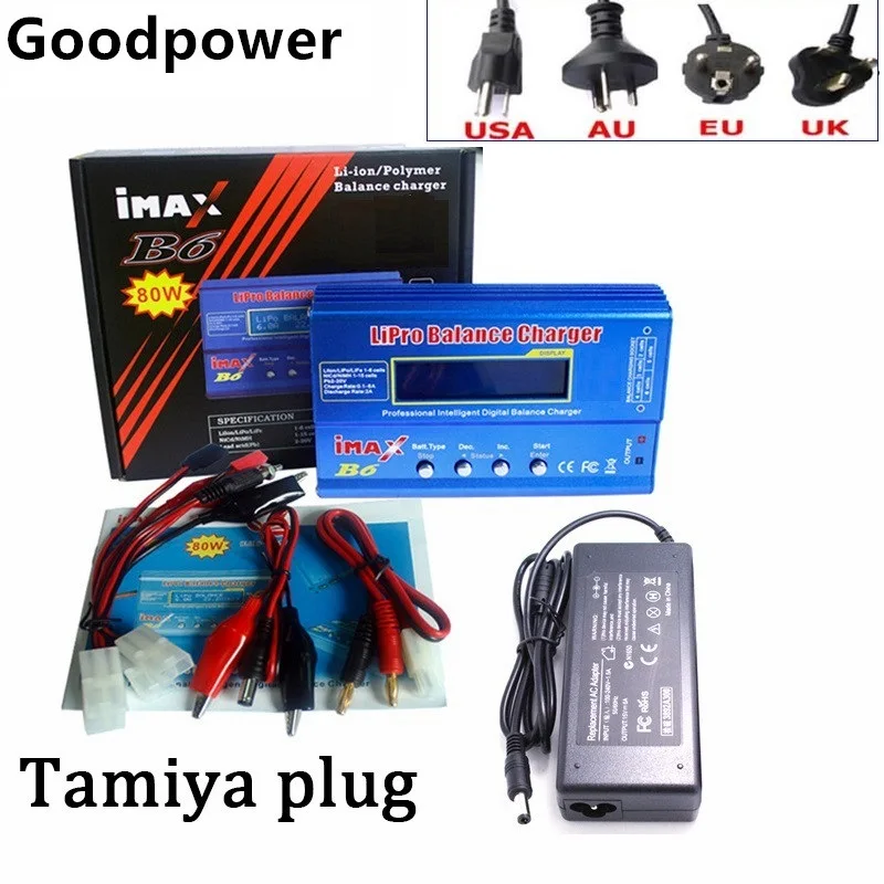Tamiya plug HTRC iMAX B6 80 Вт 6A зарядное устройство Lipo NiMh Li-Ion Ni-Cd цифровой RC IMAX B6 Lipro зарядное устройство Dis зарядное устройство+ 15 В 6A адаптер - Цвет: Tamiya plug
