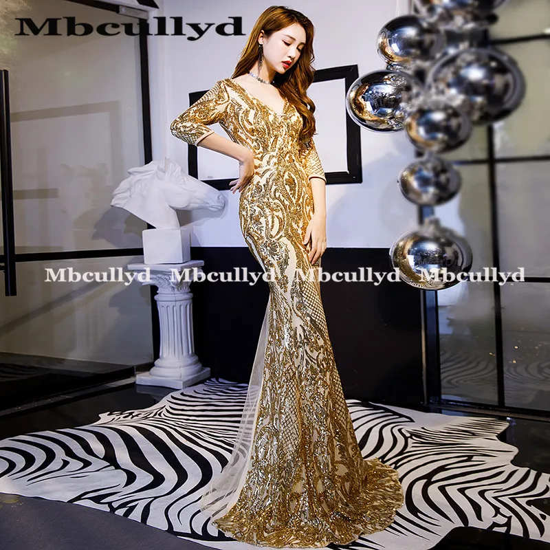 

Mbcullyd Sparkly Gold Sequins Mermaid African Prom Dresses for Black Girls Elegant V-neck Women Formal Evening Gowns Hot Sale