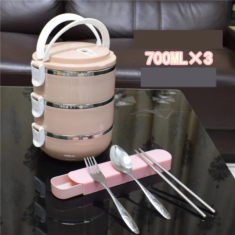 Pink 3 Layer Японский стиль Ланчбокс термо нержавеющая сталь пластик круглый взрослых леди детское питание контейнер Многофункциональная портативная коробка для бенто набор - Color: Pink 3 Layer