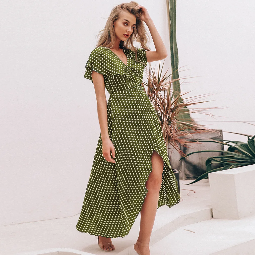 Женское шифоновое платье летнее пляжное 2020 сексуальное богемное в горошек с v