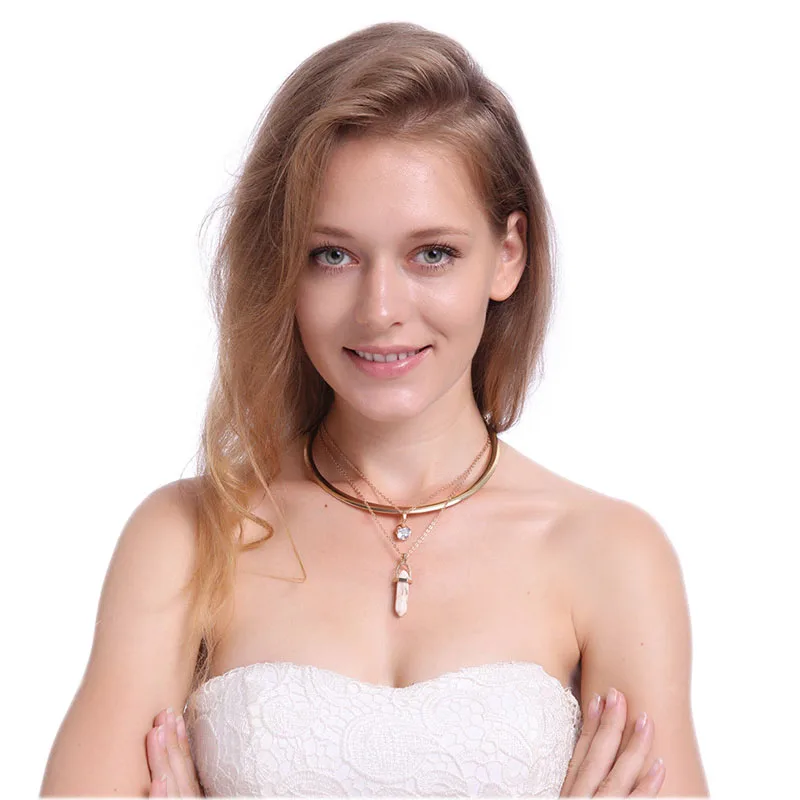 [JIMORE] Fashion Womens Chokers Necklaces Hexagonal Natural Stone Pendant Multilayers Torque Collier Femme Gold Color Chocker | Украшения и