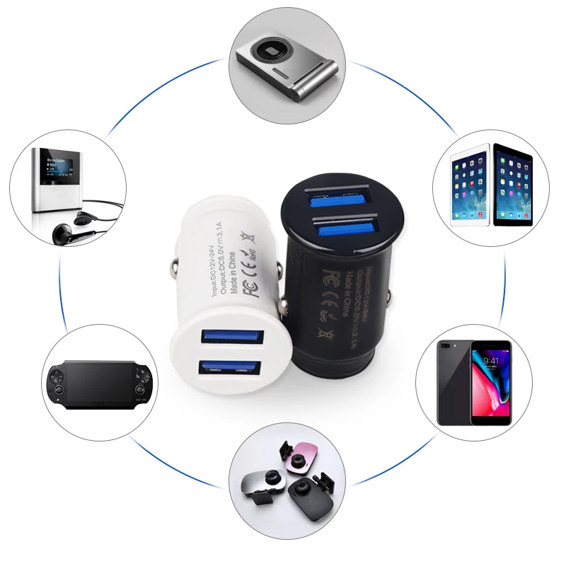 Универсальное автомобильное зарядное устройство с двумя USB портами а 5 В|Кабели