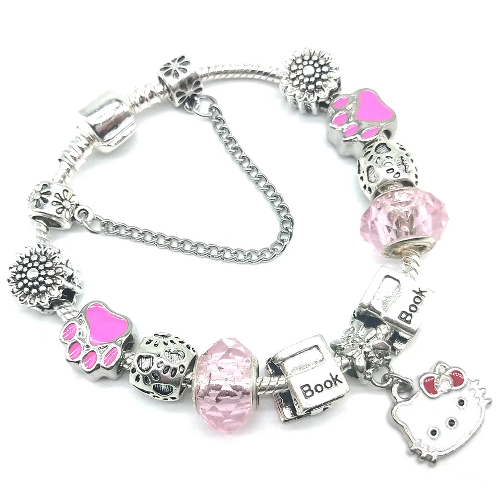 pink Hermp очаровательные браслеты милый кот hello kitty розовый кристалл стеклянные бусины браслет для женщин дети девушки DIY ювелирные изделия - Окраска металла: pink