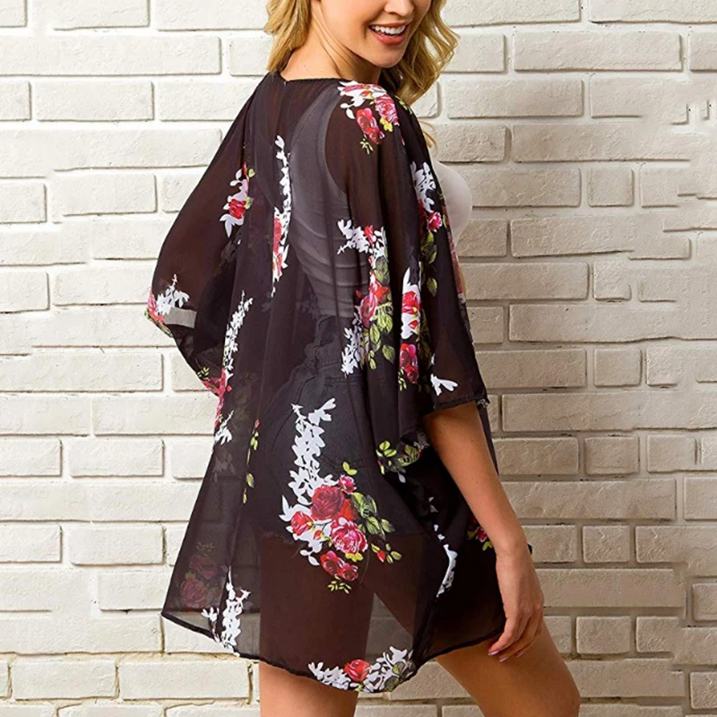 Женская винтажная свободная шаль с цветочным принтом кимоно кардиган шифоновые