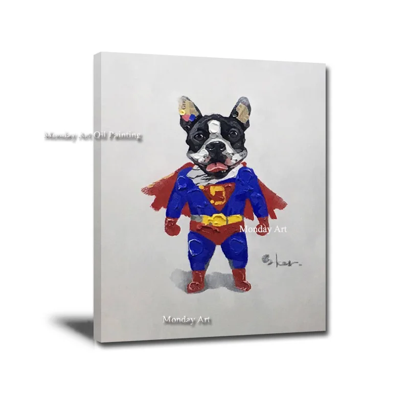 

Fashion Super Dog Pure Handpainted Canvas Art Oil Painting Poster Funning Cartoon Animal Wall Pictures for Kids Room Decoration