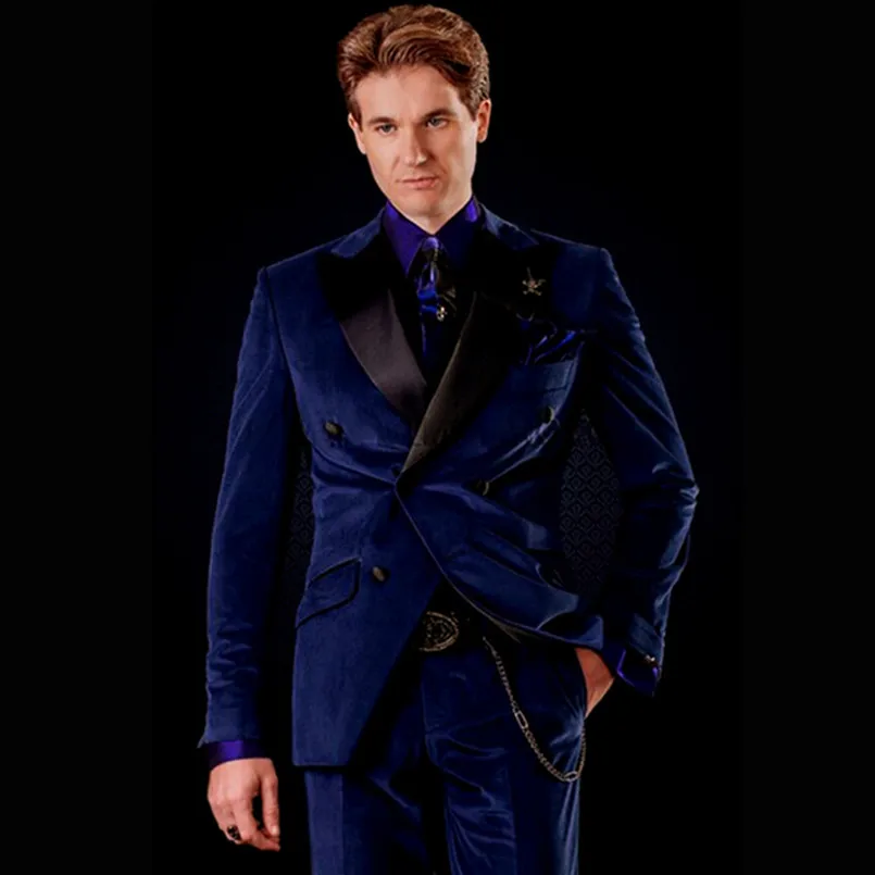 

Dark Blue Velvet Men Suit For Wedding Double Breasted Groom Tuxedo Best Prom Wedding Man Suit (Jacket+Pants)