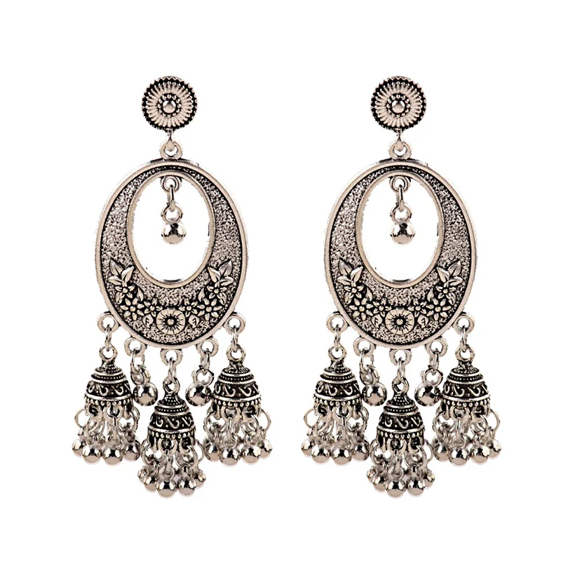 HXE098-2 OIQUEI индийские серьги Jhumka ювелирные изделия для женщин Бохо этнические винтажные круглые резные Большие колокольчики длинные висячие серьги с кисточкой - Окраска металла: HXE098-2
