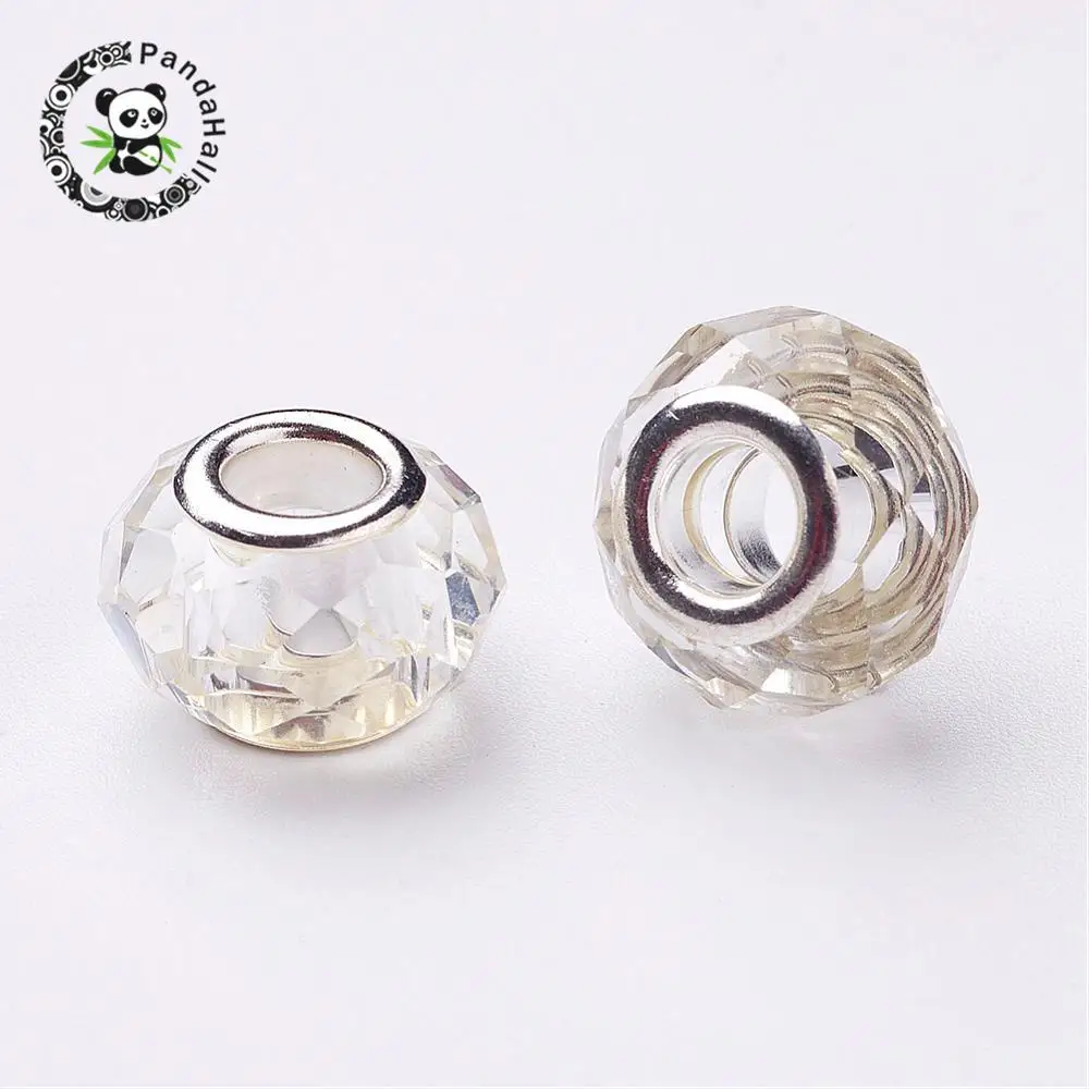 

Glass European Beads, Large Hole Beads, Faceted, Clear, with Iron Core in Silver Color,10x13mm, Hole: 5mm