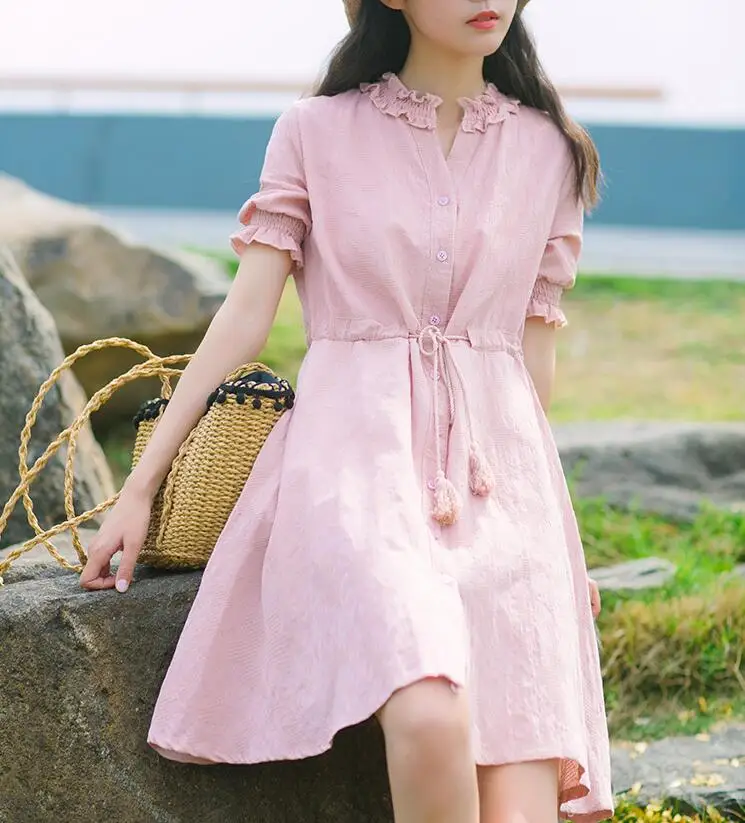 3 Colors Mori Girl Cute Mini Summer Dress For Women V Neck Cotton Linen Jacquard Female Vestidos Long Sleeve Tassel String | Женская