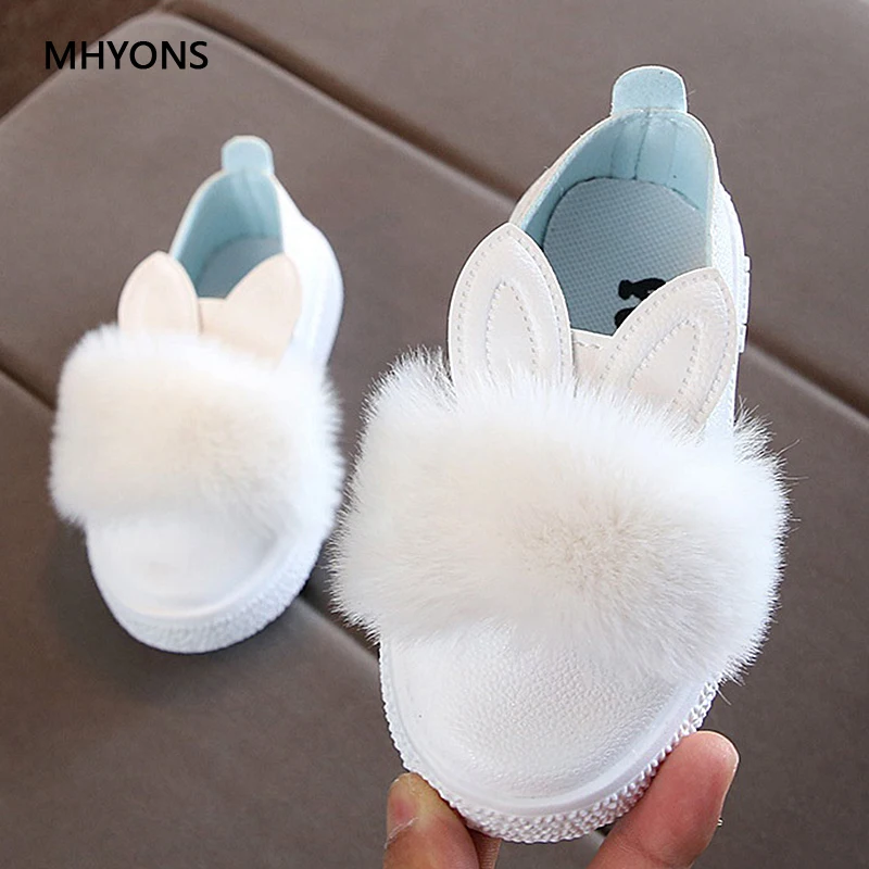 MHYONS модные детские меховые туфли для девочек милый кролик мягкие Нескользящие