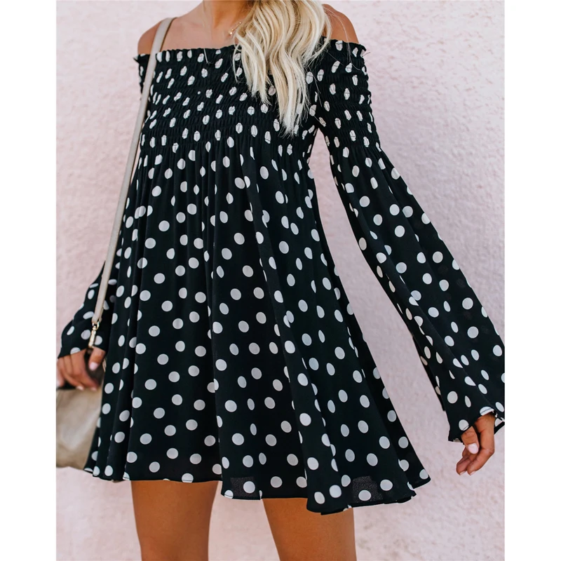 Women's Mini Dress Boat Neck Bell Long Sleeve Polka Dot Stringy Selvedge Beach Big Size S~XL | Женская одежда