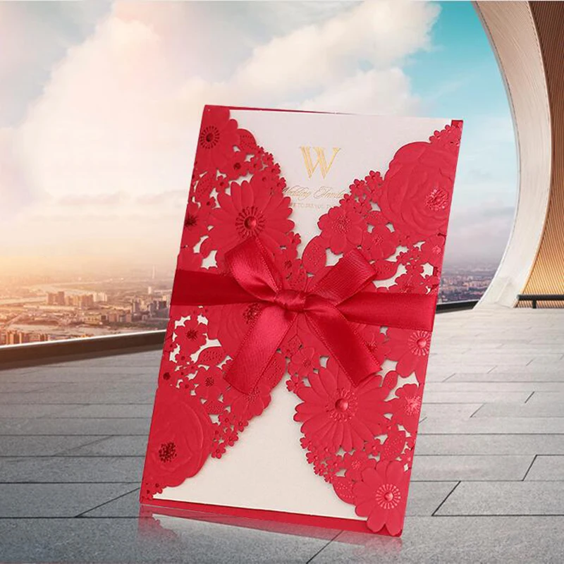 Свадебные приглашения с красным лазерным разрезом 1 шт. элегантные кружевные
