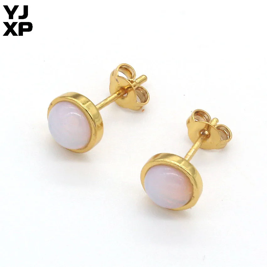 Opal YJXP Мода золотистый цвет, Круглый в форме аметисты розовый кварц черные Агаты камень «тигровый глаз» серьги стержня для Для женщин ювелирные изделия - Окраска металла: Opal