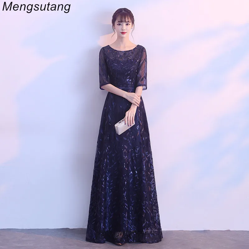 Robe De Soiree/темно синее вечернее платье с круглым вырезом и короткими рукавами