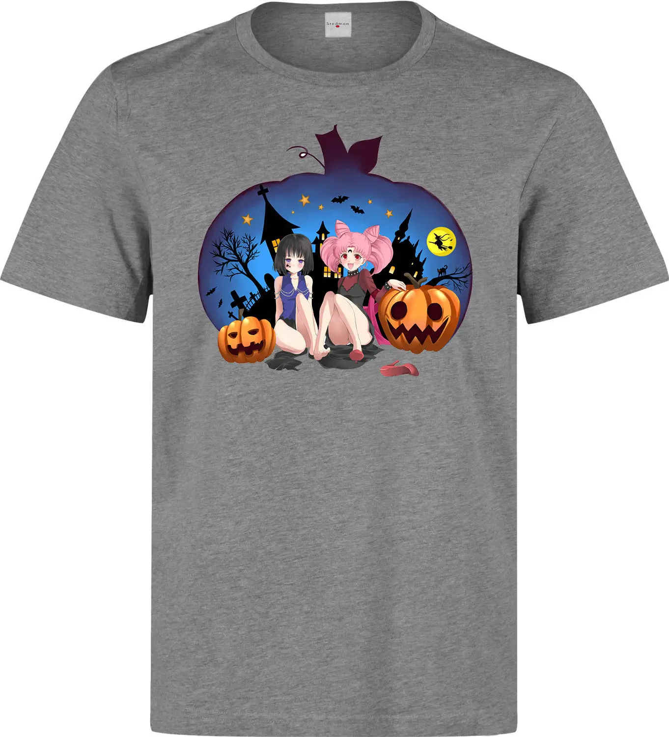 Anime Halloween Pumpkin Witch Girls Manga Men's (woman's available) grey t shirt Cartoon men Unisex New Fashion | Мужская одежда