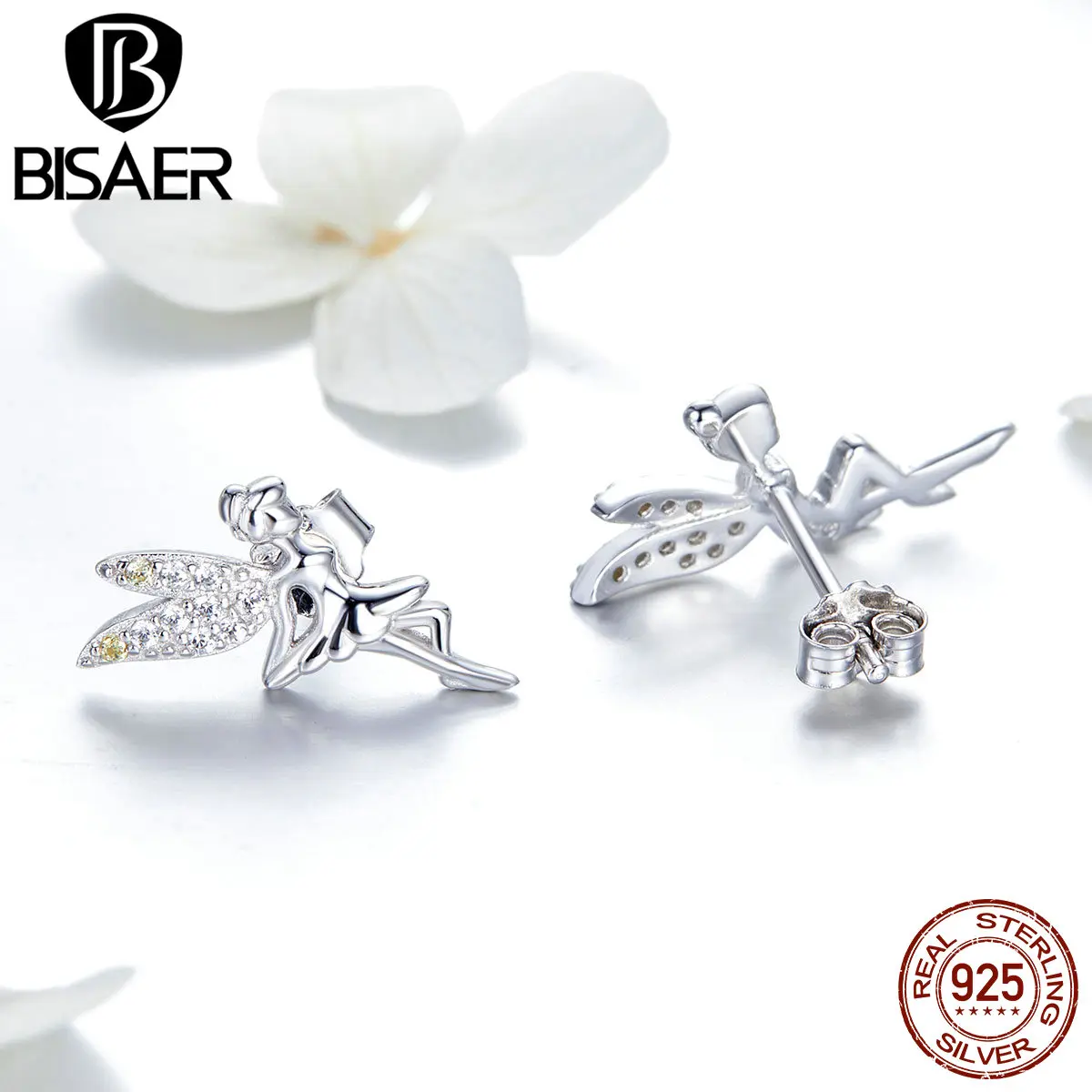 BISAER, 925 пробы, серебряные, маленькие, ангел, фея, серьги-гвоздики для женщин, прозрачный кубический цирконий, режим, Bijoux Brincos GAE046