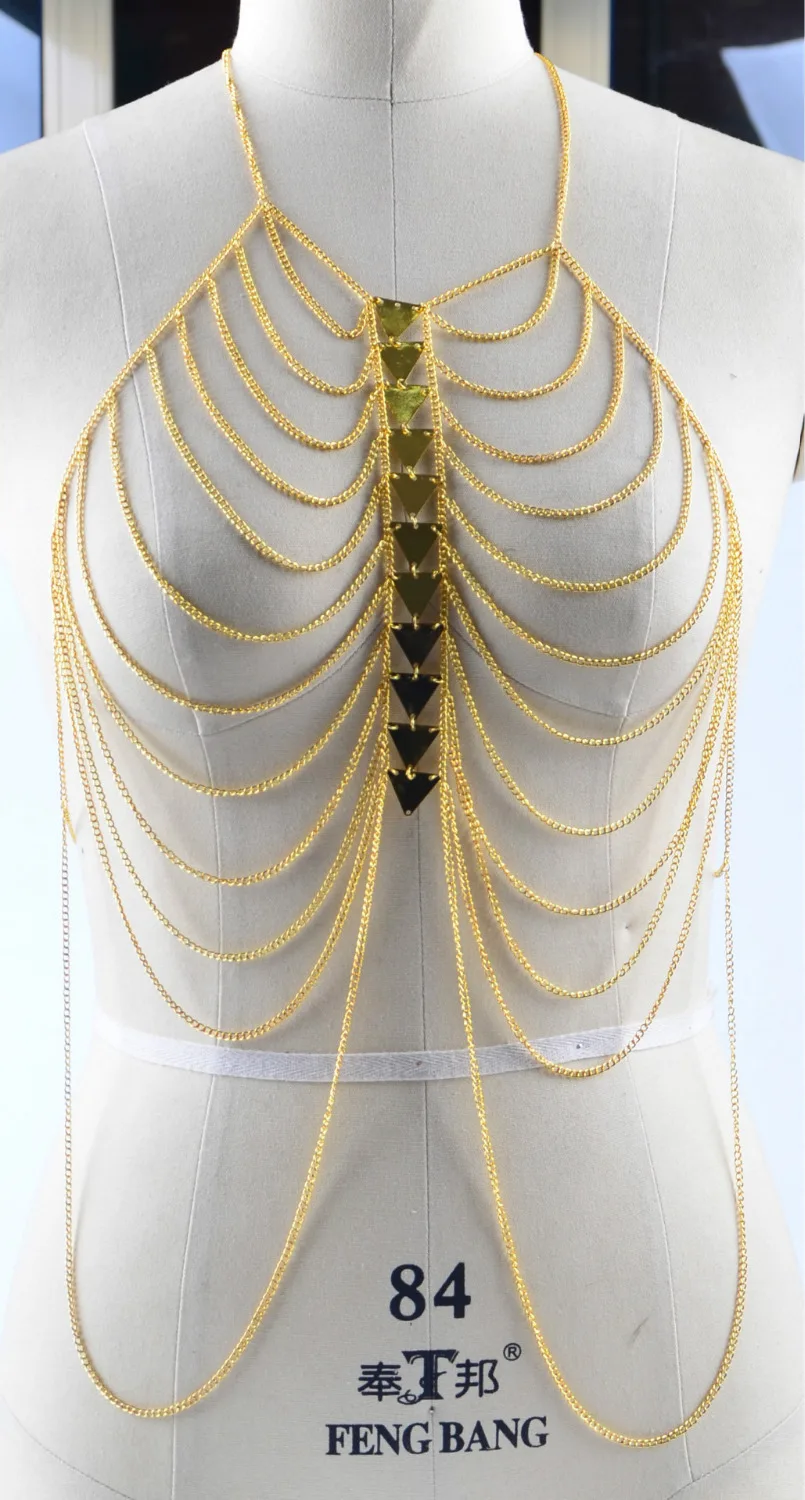 Punk european fashion style geometric metal triangles tassel wave chain weaved multi layer charm necklace women body jewelry | Украшения и