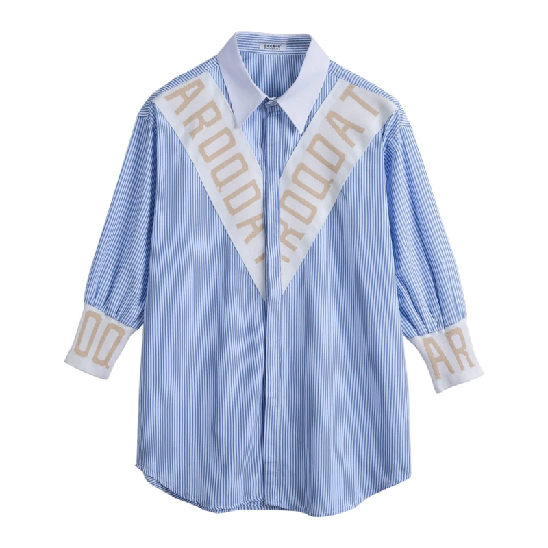 

Male High Street Three Quarter Sleeve Shirts Stage Clothes Men Fashion Blue Striped Casual Shirt