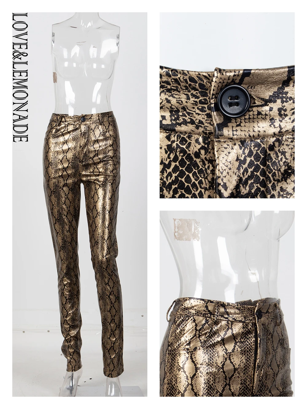 

LOVE&LEMONADE Gold Snake Pattern Elastic Faux Leather Pants LM81550