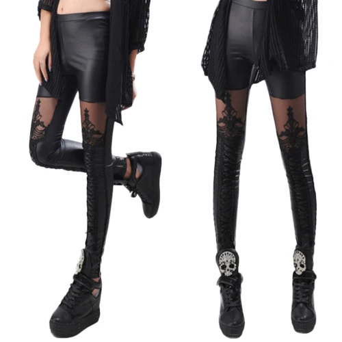 

Sexy Fashion Women Lace-up Faux PU Leather Lace Leggings Pants Retail/Wholesale 59I2
