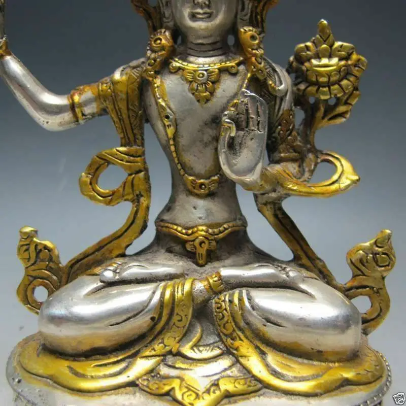 Китайская Серебряная бронзовая позолоченная тибетская буддийская статуя ---