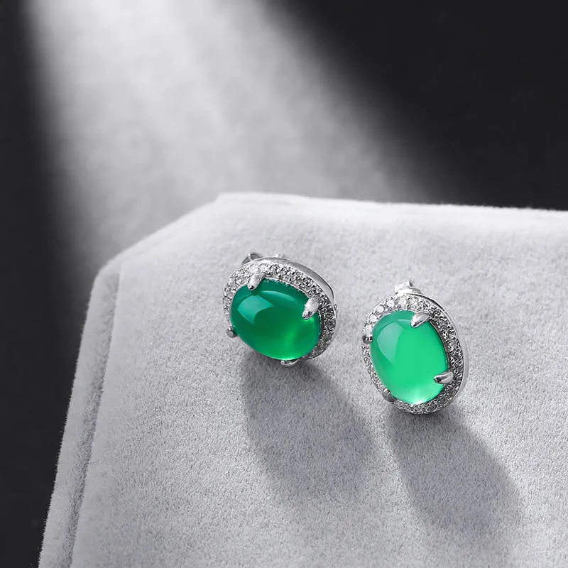 MAIKALE Luxury 925 Sterling Silver Stud Earrings with Cubic Zirconia Green Gem Stone Round Small Earrings for Women Jewelry Gift