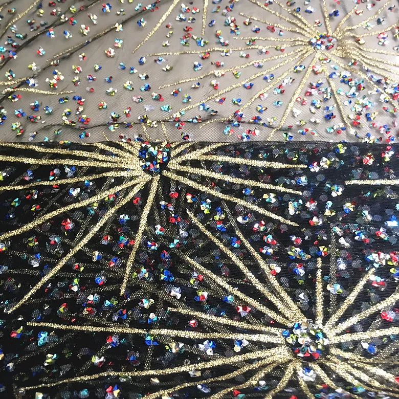 Фейерверк Вышивка блесток Алмазная газовая ткань Золотое Тиснение