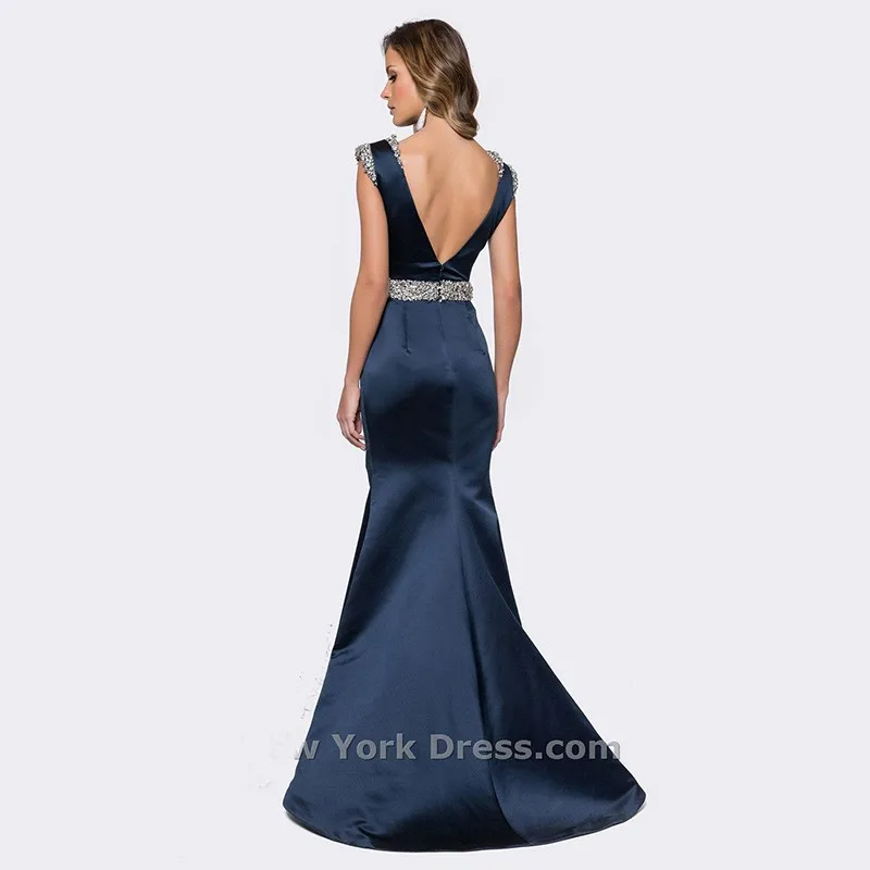 Elegant Cap Sleeves With Crystals Scoop Neck Navy Blue Red Mermaid Evening Dresses Open Back Sweep Train Vestidos De Soiree | Свадьбы и