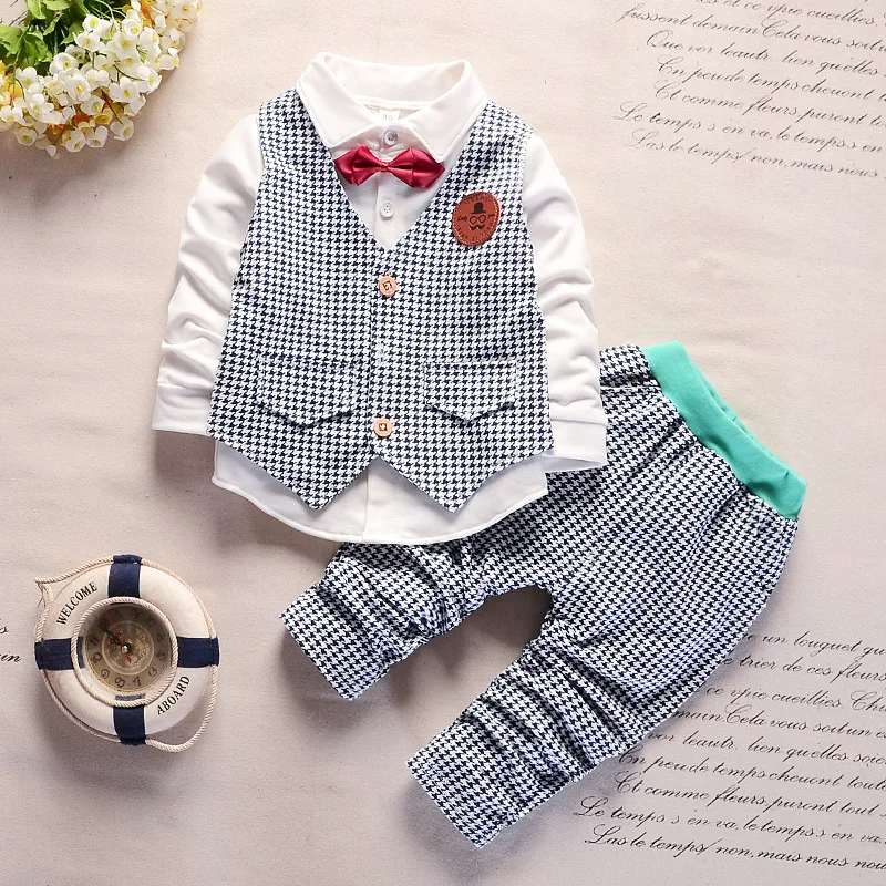 CUTEMOON baby boys clothes set spring autumn gentleman lattice suits vest+tops+pants 3pcs infant clothing fashion |