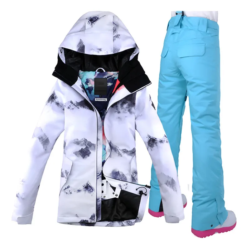 with light blue pant Зимний горнолыжный костюм женский GS горнолыжный костюм женский,Теплый, водонепроницаемый, ветрозащитный женский зимний спортивный горнолыжный костюм,женский сноубордический костюм - Цвет: with light blue pant