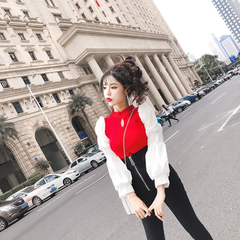 UIECOE лоскутное длинный рукав выдалбливают трикотажный Топ для женщин Сладкий