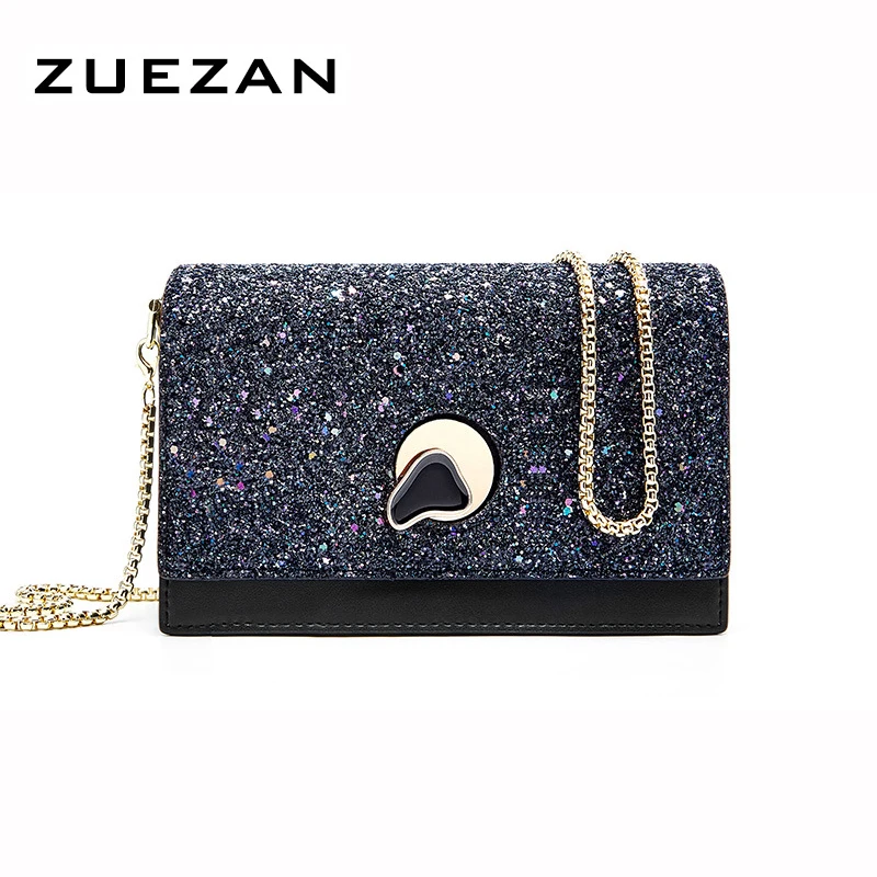 Модная вечерняя сумка с блестками и клапаном женская из коровьей кожи через