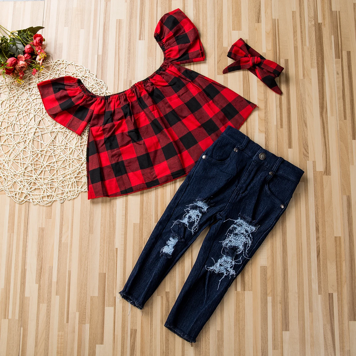 Детские рваные джинсы комплект одежды из 3 предметов Красный Клетчатый Топ без