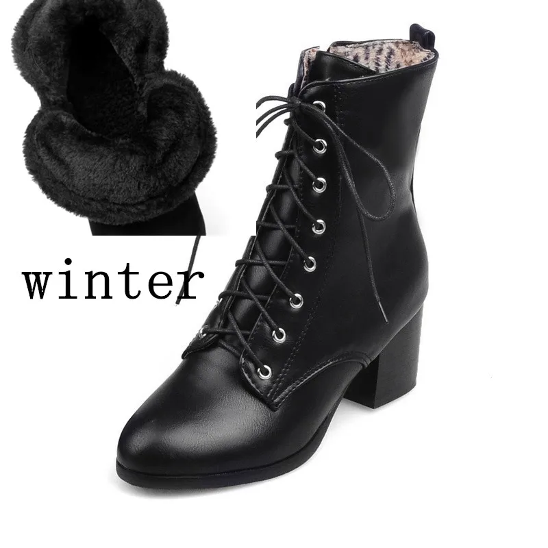 black winter RYVBA/; женские ботильоны; женские ботинки на квадратном каблуке; сезон осень-зима; Женская рабочая обувь с перекрестной шнуровкой и круглым носком; большие размеры - Цвет: black winter