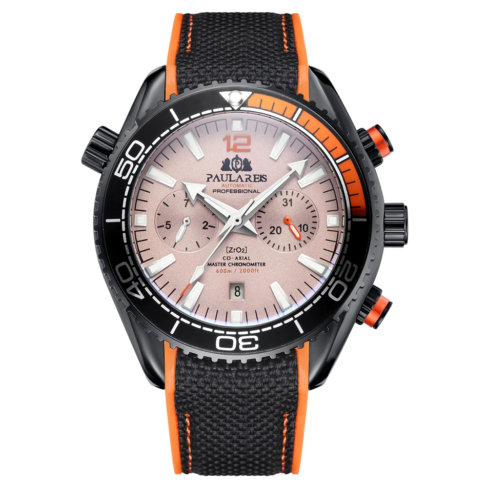 Black Orange Grey Мужские автоматические механические холщовые часы с резиновым ремешком James Bond 007, стильные многофункциональные часы с датой и месяцем, цвет оранжевый, синий, красный - Цвет: Black Orange Grey