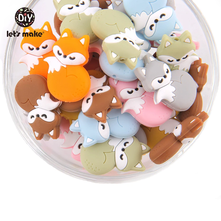 Let's Make-mordedores de silicona sin Bpa, mordedor de silicona de grado alimenticio, cuentas de dibujos animados de zorro, accesorio para cochecito de beb&eacute;, 50 Uds.-0
