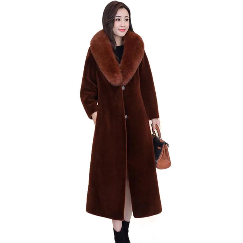 

2021 New Long Winter Jacket Women Fur Sheep Shearing Coat Womens Hooded Fox Fur Collar Warm Jacket Female Casual Loose Overcoat
