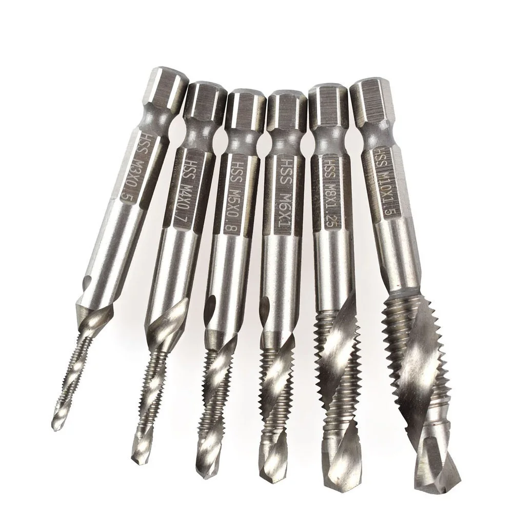 

NEW 1/4'' Hex HSS High Speed Steel Thread Spiral Screw M3 M4 M5 M6 M8 M10 Metric Composite Tap Twist Drill Bit 6PCS/SET