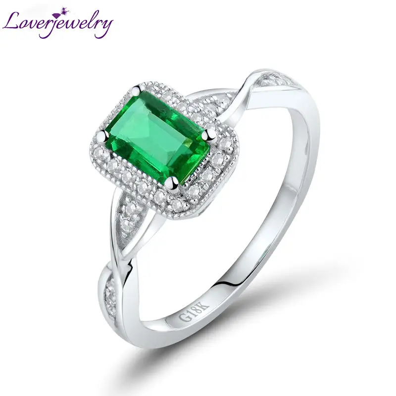 

LOVERJEWELRY 100% Natural Female Green Emerald Gemstone Rings Pure 18KT White Gold Rectangle Emerald Ring For Women Engagement