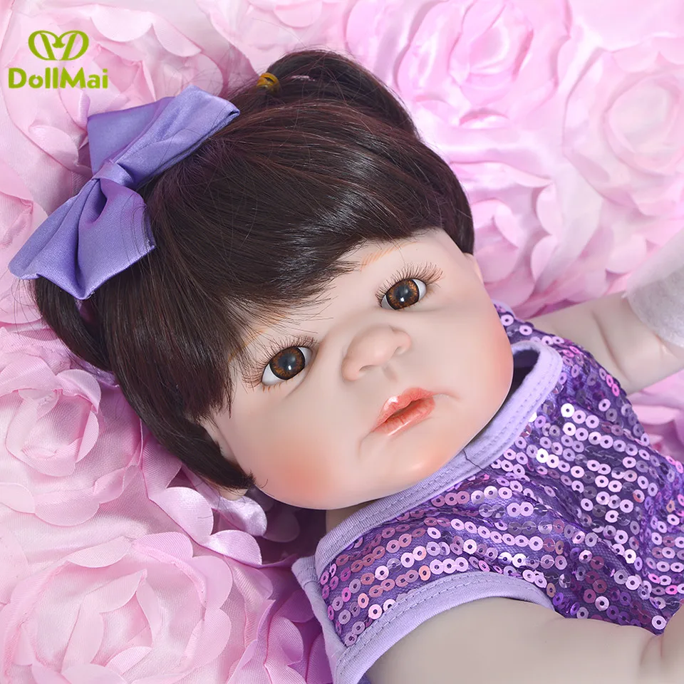 

Newborn bebes Doll 23"57cm Real full silicone reborn baby girl dolls brown wig children gift toy dolls can bathe bonecas