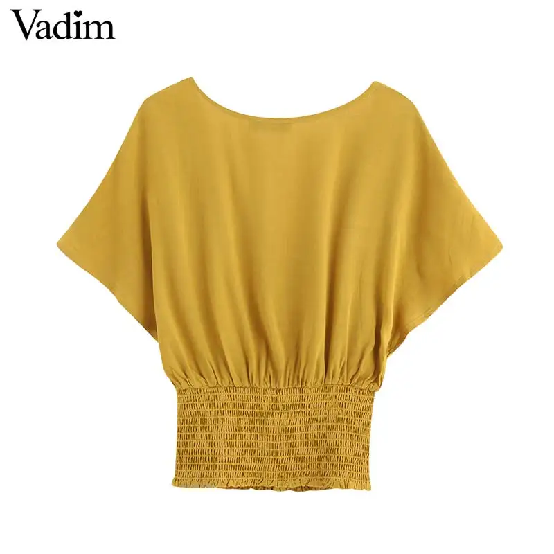Vadim women sweet V neck yellow tops short sleeve solid elastic pleated blouse female casual cute summer shirt blusas DA548 |
