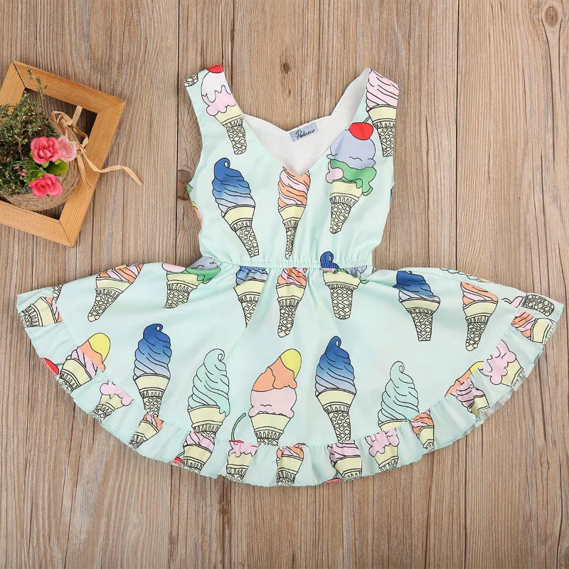 Cute Toddler Baby Girls Ice Cream Printed Dress Sleeveless Summer Sunsuit Bodysuit-style Girl Dresses Kid Clothes 0-4T | Детская одежда