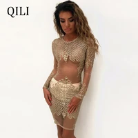 qili sexy long sleeve voile dress women see through mesh sequin dresses summer club dress for womens