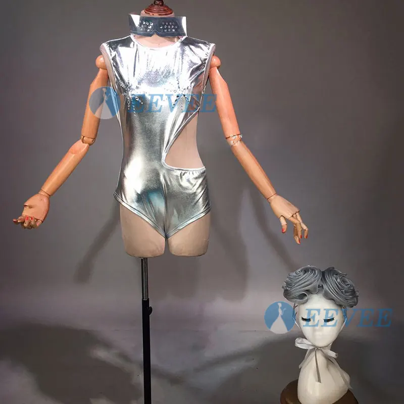 

Silver gogo dancer costume drag queen rave festival bodysuit sexy outfits for woman Headwear sets stage costumes